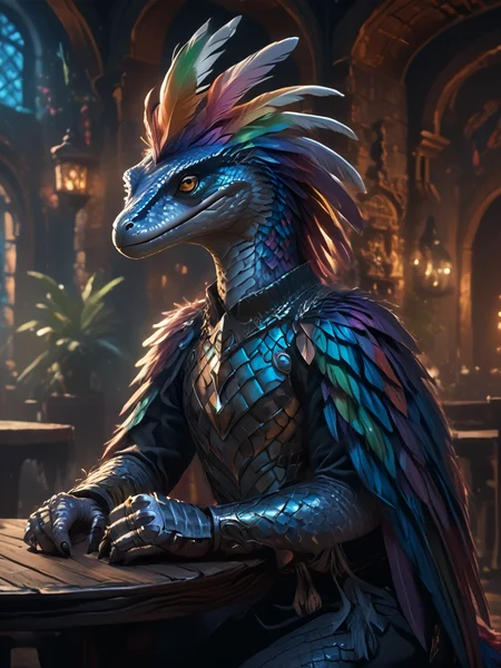 score_9, score_8_up, score_7_up, source_anime, source_western, source_comic BREAK 1girl, raptor girl with mane of feathers sitting at table in fantasy tavern, pale opalescent scales, rainbow feathers, wearing black scale armor <lora:Scales_Feathers_and_Cracks_XL:1.0> scales, feathers <lora:Scale_Armor_r2:0.5> SCLARMR, Scale Armor <lora:Dragon_and_Lizard_babes:0.8> <lora:Raptors_LoRA_v2:0.6> dromaeosaurid, feathered dinosaur <lora:Pride_Before_The_Fall_Rainbows:1> prideb4fall <lora:vivid_everclear:0.6>
