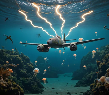 <lora:me-262-flux:2.0> A surreal scene where a Messerschmitt Me 262 is inexplicably flying underwater, surrounded by deep-sea creatures and glowing jellyfish. The aircraft’s contrails turn into ethereal neon ribbons, blending aviation history with dreamlike fantasy in a surreal art style.