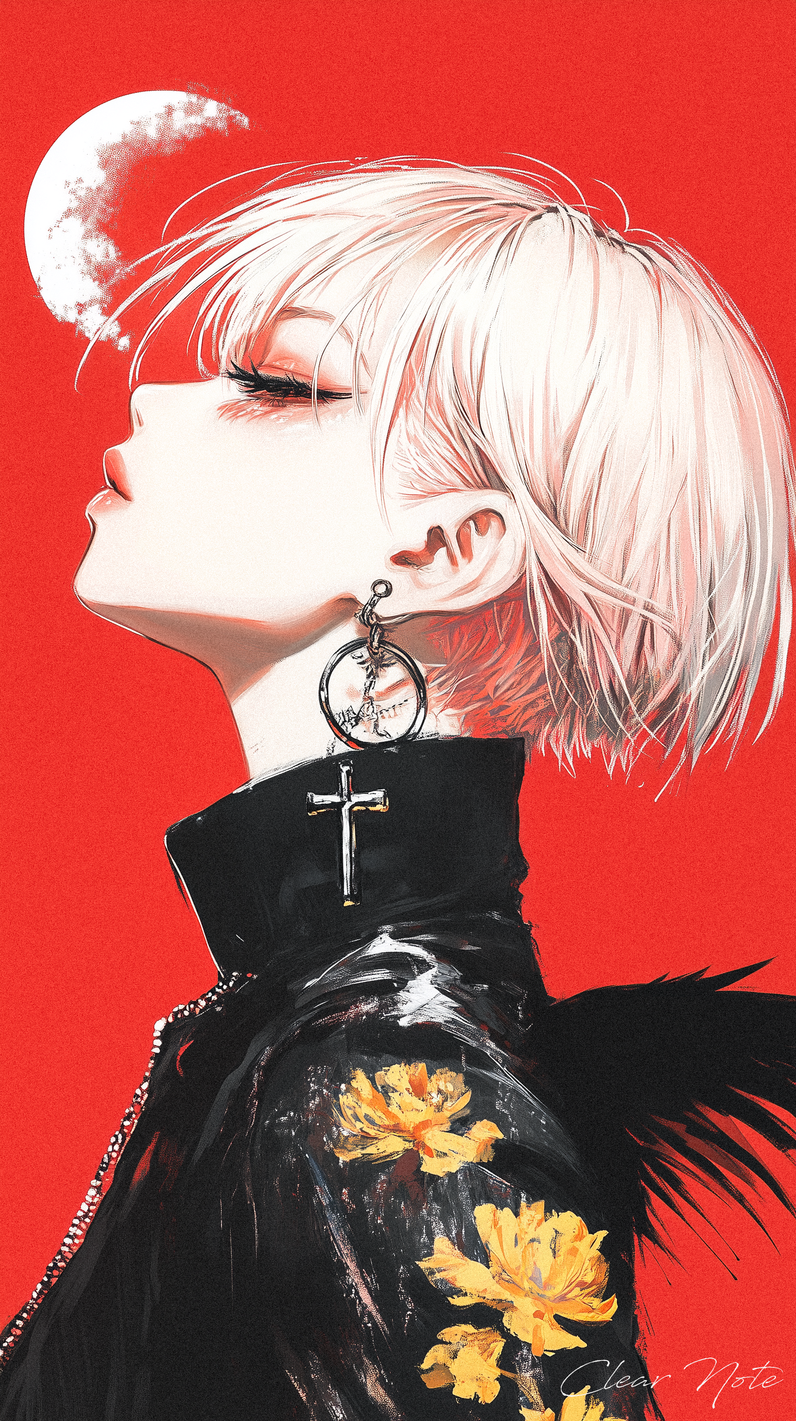 Japanese anime art style, A solitary girl stands in calm contemplation, her short pink hair framing her face. A black cross design subtly marks her cheek, adding depth to her expression. She wears a sleek black uniform, featuring delicate yellow flower embroidery that contrasts with the darkness of her attire. Dark, graceful wings extend behind her, carrying an air of quiet power. Set against a simple, serene red background, her presence is both mysterious and tranquil, radiating a sense of inner peace despite the strong, bold features that define her.