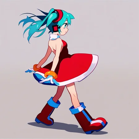 score_8, score_8_up, score_7_up, source_anime, anime screenshot, 1girl, solo, female focus, Hatsune Miku, aqua hair, twintails, aqua eyes, AR_fu_ku, red headband, hairband, turtleneck dress, sleeveless dress, backless dress, halter dress, red dress, short dress, circle skirt, bracelet, gloves, white gloves, knee boots, red footwear, full body, from side, profile,