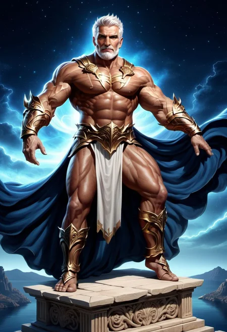 4k, digital art, semi realistic, fantasy, best quality, masterpiece, very detailed, dynamic angle, dynamic pose, portrait of a male bodybuilder, huge bodybuilder, mature, massive arms, huge pectorals, short hair, white hair, white beard, long beard, handsome, big nose, big eyes, anime eyes, greek god, wearing a greek tunic, showing muscles, ancient greece, sitting on a throne, holding an eagle, night sky on the background (cinematic light, volumetric)