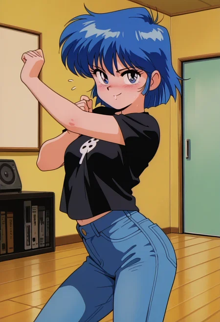 masterpiece, best quality, amazing quality, absurdres, retro artstyle, 1girl, solo, retro artstyle, hiroeww, blue eyes, blue hair, short hair, small breasts, t-shirt, jeans, <lora:Hiroe_Ogawa_Nageki_no_Kenkou_Yuuryouji_ill_v21:0.9>, (dancing, dynamic dancing pose, seductive dancing), sweat, flying sweatdrops, indoors, looking at viewer, (seductive smile, sultry, serious stare, stern look), closed mouth, blush, skindentation, detailed clothing folds, depth of field, sharp, high contrast, dynamic light