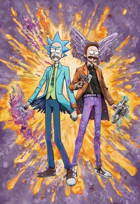A highly detailed and vibrant action pose of an anime-inspired Rick Sanchez and Morty Smith of Rick and Morty, dressed in a tattered yet impressive suit and tie, with wings of black and white engraved with ancient runes and symbols, a halo, a horn, a weapon, and showcasing an energy or magical ability, with a color scheme of purple and orange.