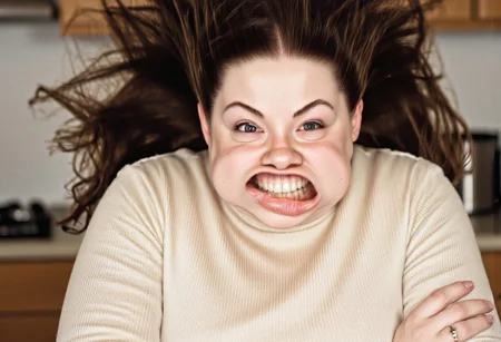 A medium shot photograph of a curvy woman Gina with medium length hair standing in a kitchen. She has curly brown hair, lots of freckles on her nose and forehead, and brown eyes. Shortstack. She is curvy and voluptuous. She is wearing a beige turtleneck sweater that accentuates her large breasts. She has wide nostrils and a beautiful large smile. plump lips. w1nd8l0wn photo of a squinting woman's perfect teeth. windy. She is wearing lipgloss. big wide open mouth. stretchy flappy lips fully exposing gums and teeth. She is leaning on a counter with her arms crossed, with a flirty look. realistic. high-definition. soft light.