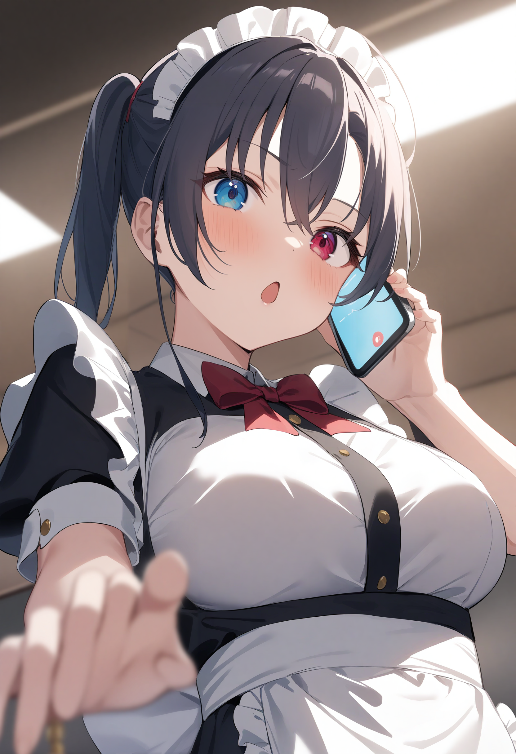 1girl,sincos, ningen mame, toosaka asagi,solo,large breasts,20yo,maid,maid headdress,
talking on phone ,smartphone,<lora:talkingonphone_XL_v1:0.8>
from below, upper body, looking at viewer, silver hair, heterochromia,dark persona, on luxury liner, open mouth, bow-shaped hair,,
masterpiece,best quality, very aesthetic, absurdres