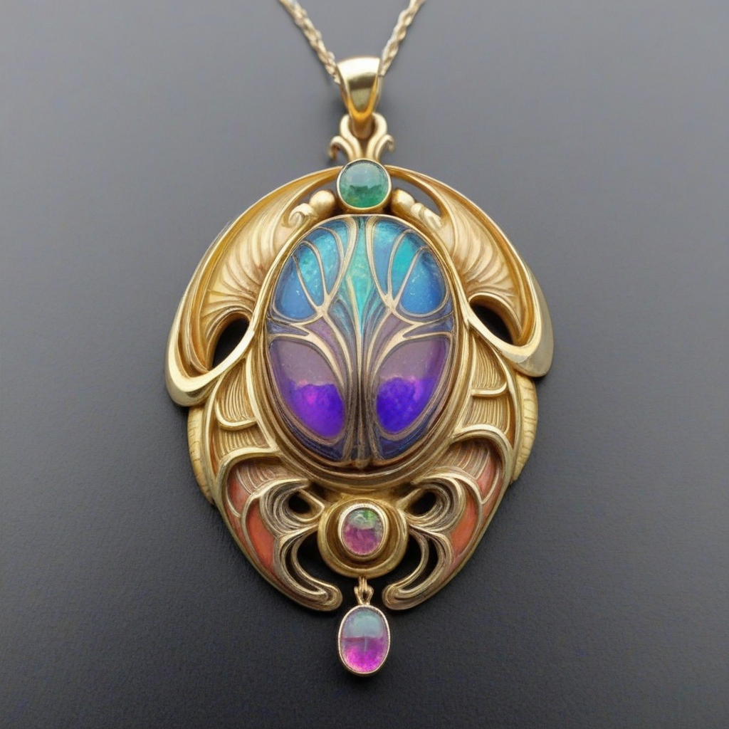 rainbow gemstones art nouveau psychedelic scarab pendant with flowing natural waves<lora:Art_Nouveau_Necklaces_XL:1.3>