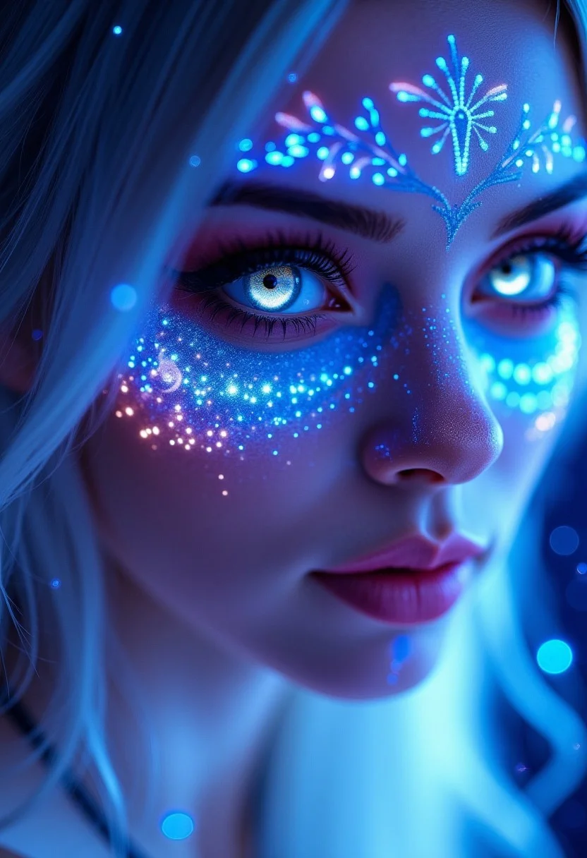 Create a close-up image of a fantasy maidens face. Her skin glows with a soft,ethereal light and is adorned with neon tattoos that cover her face in intricate patterns. The tattoos emit a magical glow that illuminates her delicate features. Her eyes are large and bright,subtly changing between shades of blue and white,as if holding an ocean within them. Her long,silver hair frames her face,adding a splash of magic to the scene. The background features a starry sky that enhances the dreamy atmosphere,fantasy art,<lora:ImageUpgraderV2:1>,