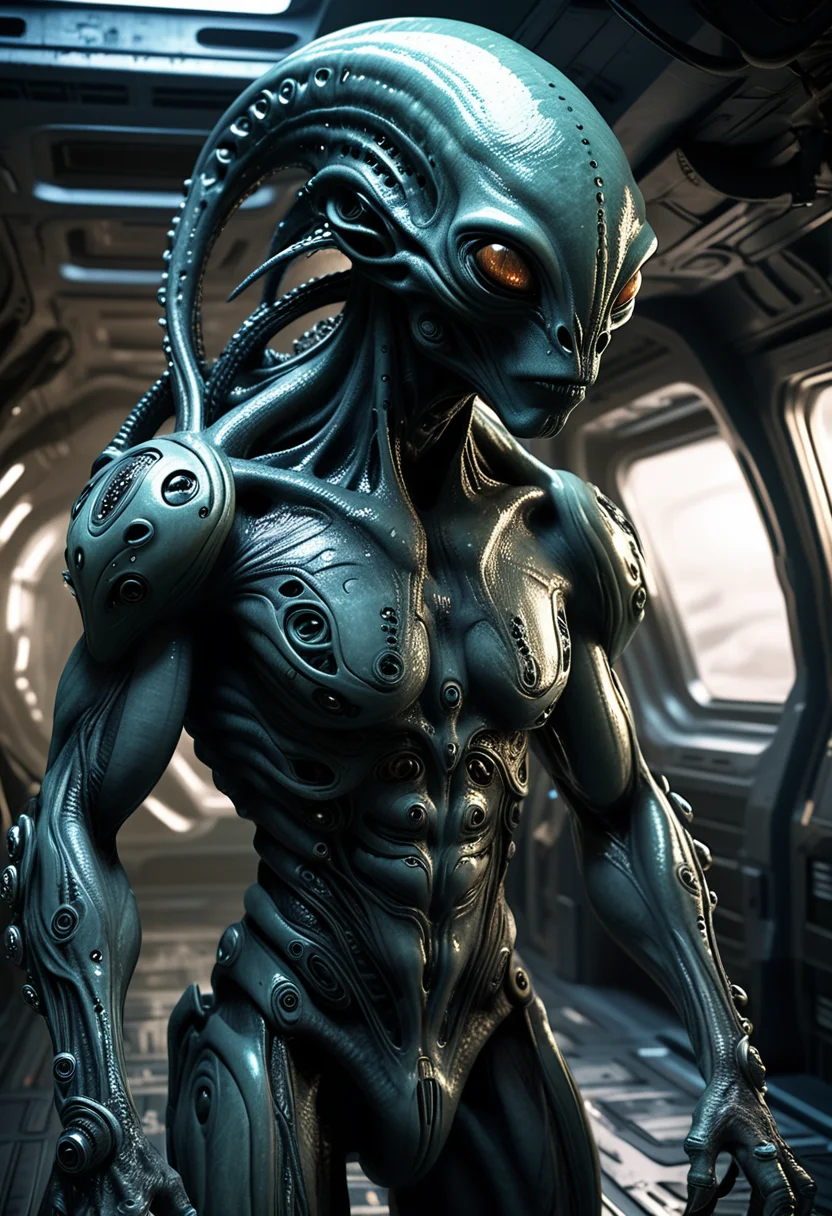 (medium full shot) of (futuristic alien) with chameleon-like armored skin, tribal tattoos, crystalline body, multiple black eyes, short stubby antennae, tentacles, cybernetic implants, set in a dim spaceship interior, featuring shadowy corridors, mysterious machinery, an eerie ambiance, during an alien storm, ,Masterpiece,best quality, raw photo, realistic, very aesthetic