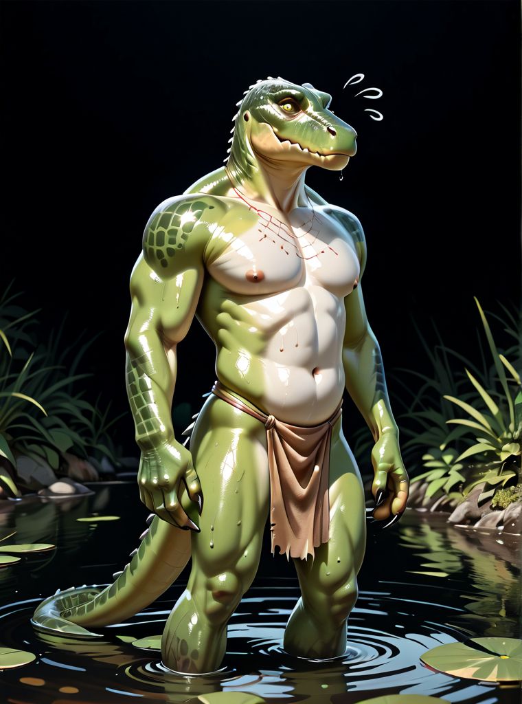nude, sweat drops, photography, standing, furry, muscle, saclie, smooth skin, ultra realism shading, anthro, green body, gator, photorealistic, nude, suggestive, huge pecs, tribal, warrior, biceps, loincloth, tiny small waist, hunk, swamp, white belly, tail, barazoku, dark, (black background:1.3), hand claws, water, jungle, mature, white belly,
BREAK