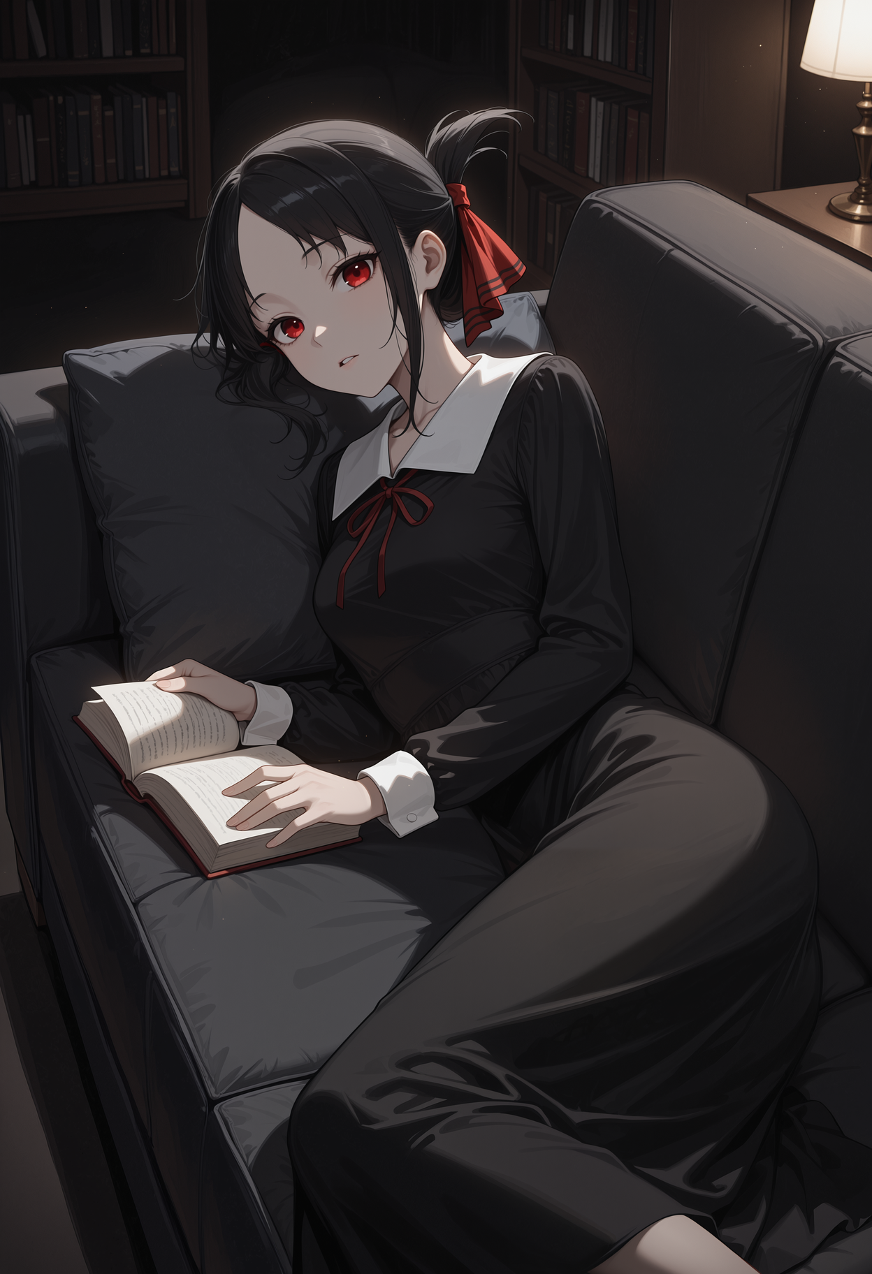 masterpiece, best quality, highres, absurdres, very awa, 1girl, solo, folded ponytail, parted bangs, black hair, no pupils, hair ribbon, red ribbon, , indoors, couch, lying, on side, red eyes, white collar, medium dress, black dress, long sleeves, neck ribbon, living room, cushion, open book, bookshelf, looking at viewer, parted lips, dark theme, dim lighting, dark background, dark room, backlighting