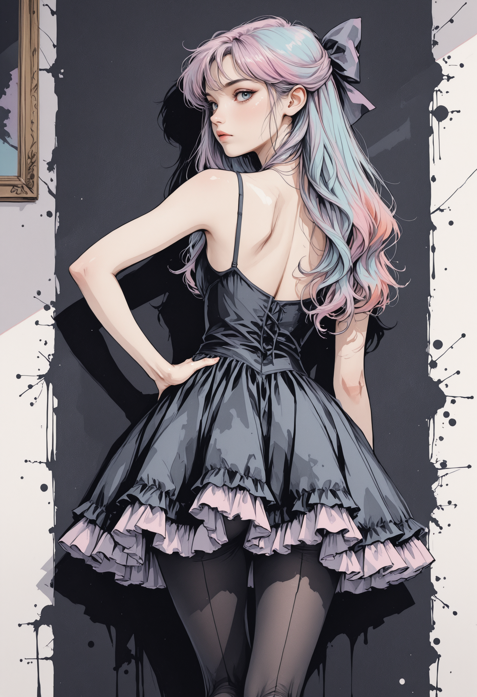 masterpiece, high_quality, highres, retro_colors,
age_24, against_wall, one_leg_raised, back_against_wall, hand_on_hip, sultry_stare, frilled_dress, short, opaque_tights, portrait, face_focus, hair_bow, black, darkness, dim, shadows, portrait, 
Jedwtrsk, sketch, watercolor <lora:WatercolorSketchIL-000003:0.8>, r17329_illu <lora:r17329_illu:0.4>