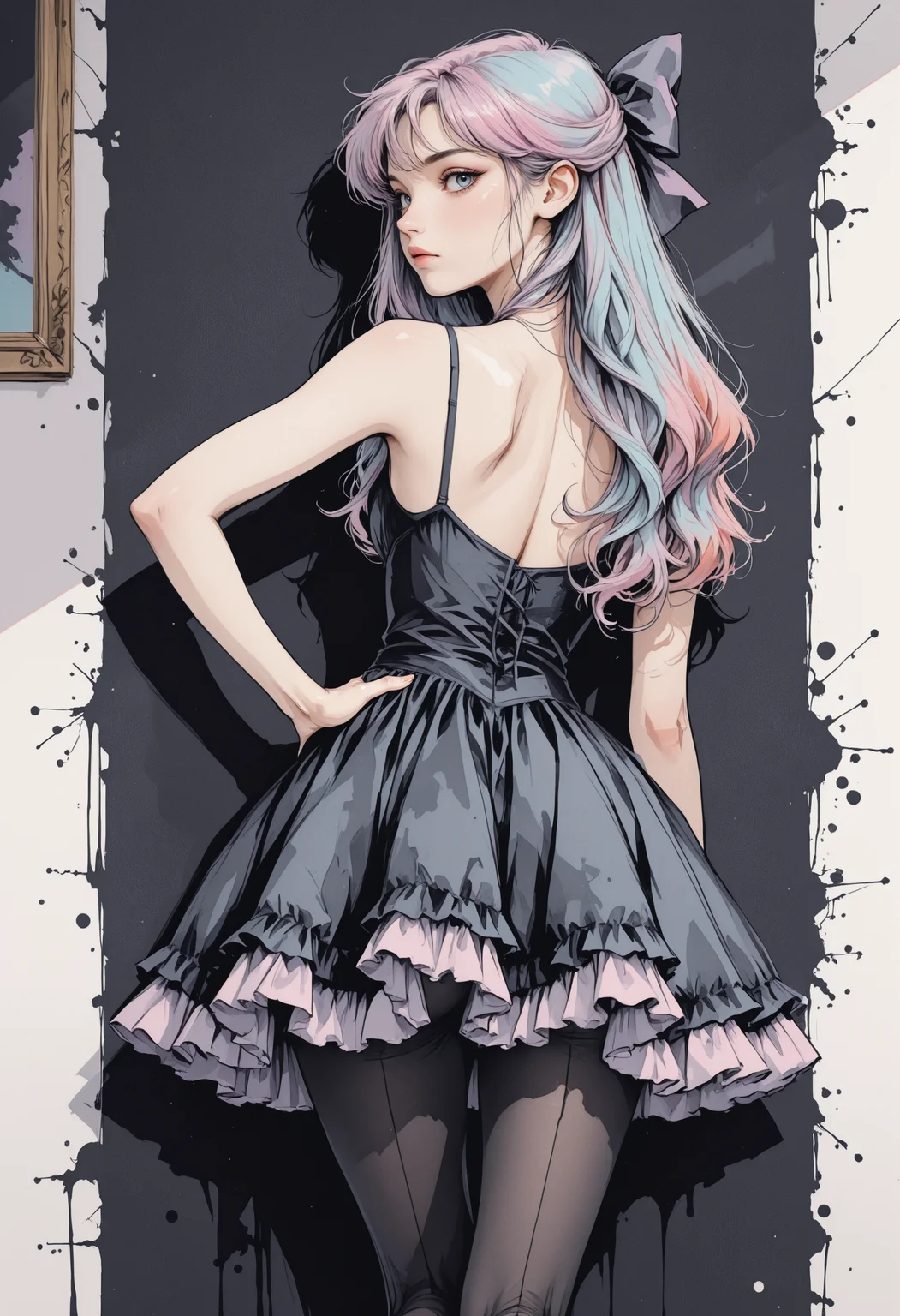 masterpiece, high_quality, highres, retro_colors,
age_24, against_wall, one_leg_raised, back_against_wall, hand_on_hip, sultry_stare, frilled_dress, short, opaque_tights, portrait, face_focus, hair_bow, black, darkness, dim, shadows, portrait,
Jedwtrsk, sketch, watercolor <lora:WatercolorSketchIL-000003:0.8>, r17329_illu <lora:r17329_illu:0.4>
