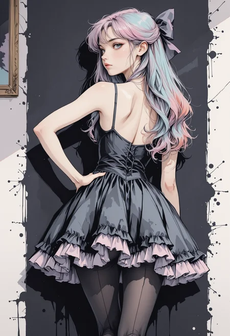 masterpiece, high_quality, highres, retro_colors,
age_24, against_wall, one_leg_raised, back_against_wall, hand_on_hip, sultry_stare, frilled_dress, short, opaque_tights, portrait, face_focus, hair_bow, black, darkness, dim, shadows, portrait,
Jedwtrsk, sketch, watercolor <lora:WatercolorSketchIL-000003:0.8>, r17329_illu <lora:r17329_illu:0.4>