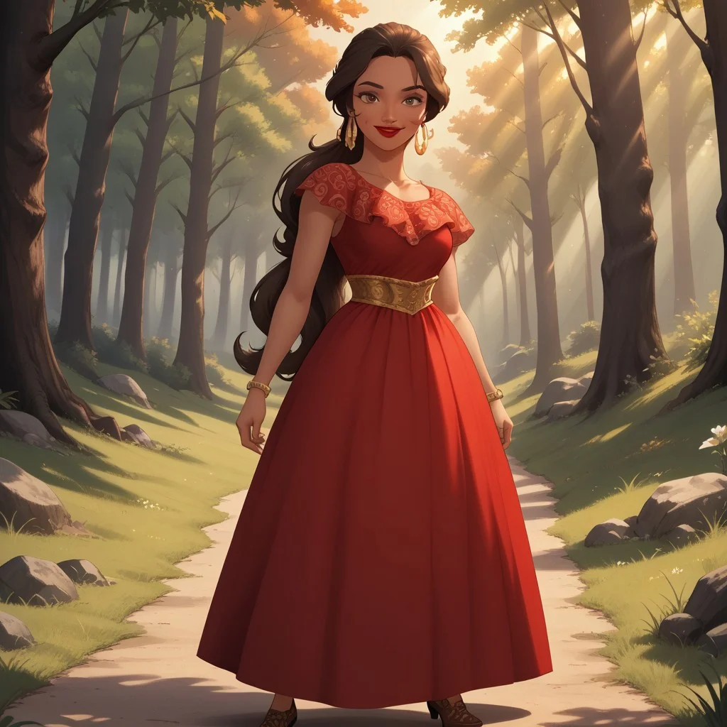 score_9, score_8, BREAK, solo, brown hair, brown eyes, red lips, lipstick, ponytail, dark skin, dark skin female, earrings, bracelet, red long dress, brown heels, Elena_(Elena_Of_Avalor), sexy pose, self portrait, smile, outdoors, sunlight, shadows, evening lighting, natural lighting, forest, trees, grass, orange sky, sunset