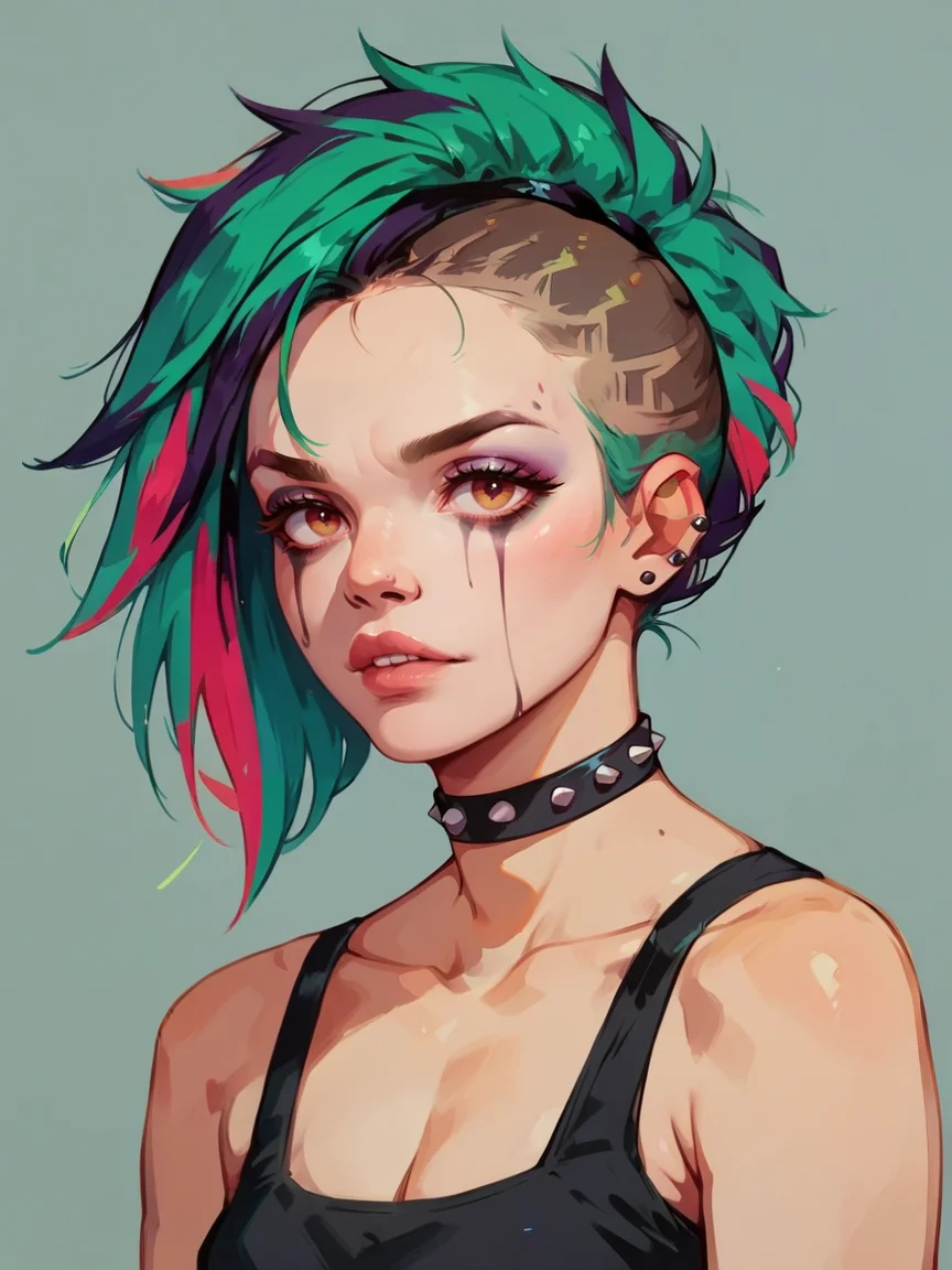 score_9, score_8_up, score_7_up, score_6_up, score_5_up, <lora:coacalinaXLP:1> coacalina, colourful, 1girl, punk