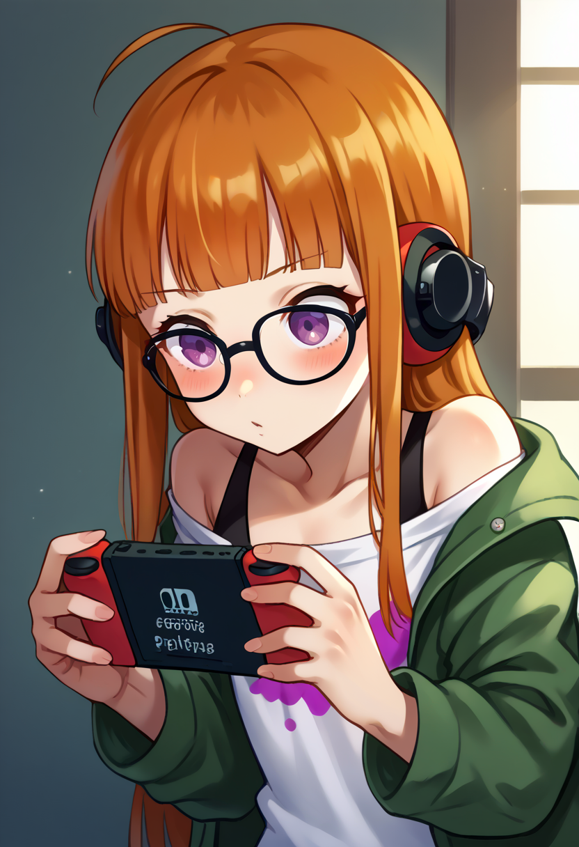 <lora:haguhagu-lyco-v2--pony:0.8> h4guh4gu,  <lora:zs_FutabaXL:1> futabadef, orange hair, long hair, blunt bangs, glasses, ahoge, purple eyes, behind-the-head headphones, white shirt, green fur-trimmed jacket, off shoulder jacket, black shorts, black thighhighs, black knee boots, playing video game, nintendo switch,, score_9, score_8_up, score_7_up, source_anime,