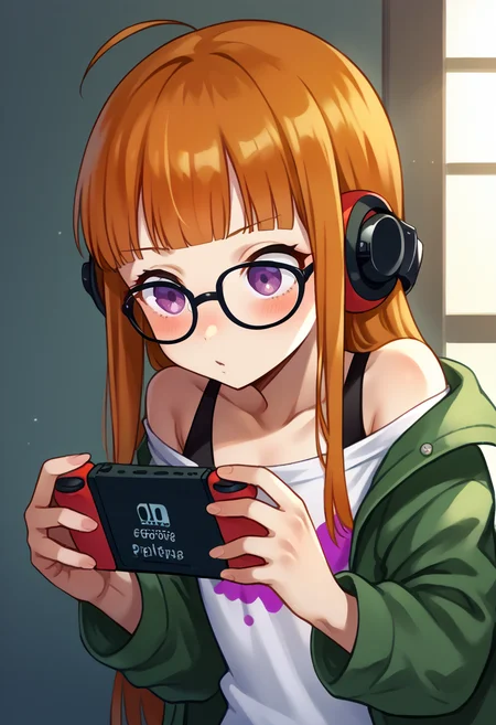<lora:haguhagu-lyco-v2--pony:0.8> h4guh4gu, <lora:zs_FutabaXL:1> futabadef, orange hair, long hair, blunt bangs, glasses, ahoge, purple eyes, behind-the-head headphones, white shirt, green fur-trimmed jacket, off shoulder jacket, black shorts, black thighhighs, black knee boots, playing video game, nintendo switch,, score_9, score_8_up, score_7_up, source_anime,