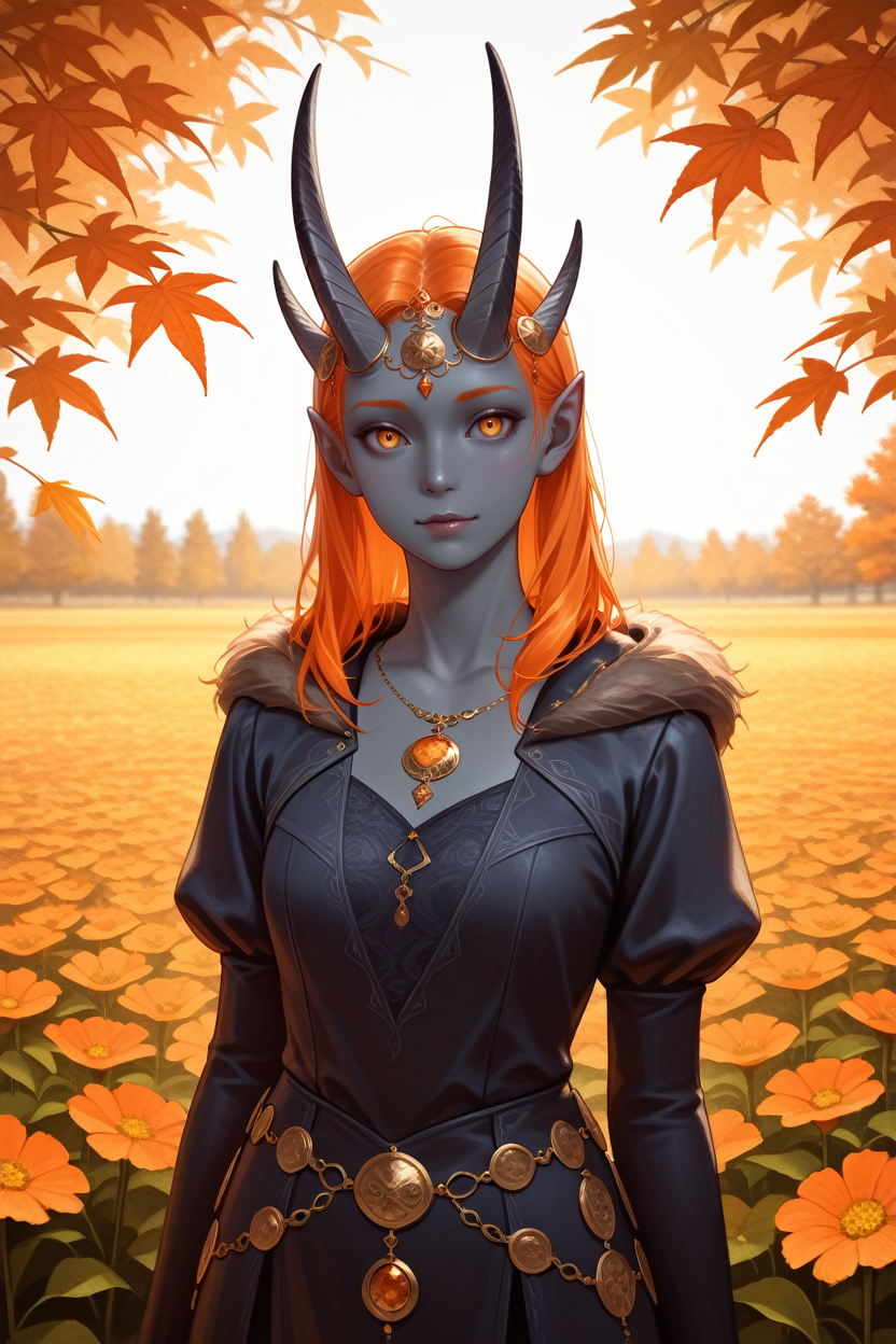 masterpiece, best quality, absurdres,
<lora:ILBGMizora:0.8>
BGMizora, 1girl, orange hair, horns, gray skin, jewelry, pointy ears, looking at viewer, in autumn,seasonal flower,seasonal background,flower background, posing