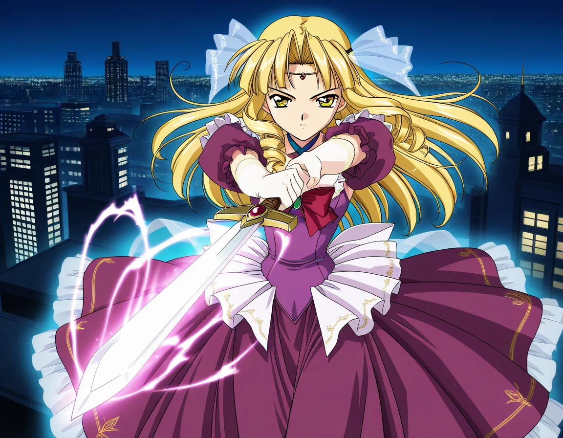 general,highres, ultra-detailed,very aesthetic,best quality ,best hands, BREAK 2000s \(style\),anime coloring, <lora:Sapphire_Spiral_NAMI_IS:1>,
Sapphire, 1girl, solo, weapon, sword, dress, gloves, brown eyes, elbow gloves, purple dress, puffy sleeves, looking at viewer, attack, magic effect. aura,
night, city,