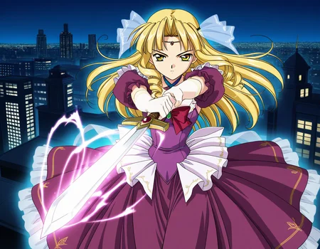 general,highres, ultra-detailed,very aesthetic,best quality ,best hands, BREAK 2000s \(style\),anime coloring, <lora:Sapphire_Spiral_NAMI_IS:1>,
Sapphire, 1girl, solo, weapon, sword, dress, gloves, brown eyes, elbow gloves, purple dress, puffy sleeves, looking at viewer, attack, magic effect. aura,
night, city,