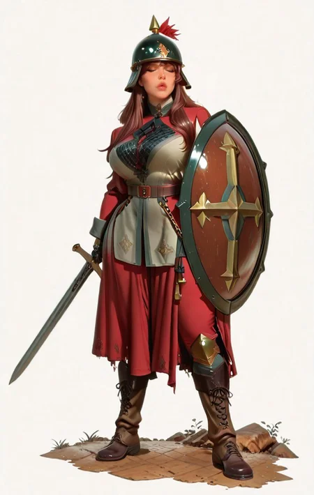 hyper-detailed, modernretroanime, Anime, anime screencap, cel shading,  dramatic, sharp detail, mature female, Full-body illustration of female soldier, largebreasts, wide hips, thighs, thick thighs, atheltic female, luscious lips, wearing a detailed Niederbieber-type helmet with cross-pattern reinforcing ridges and cheek guards that can be fastened together. She wields a Spatha sword (900mm/36 inches), historically used by cavalry in the 1st and 2nd centuries. She also carries a spiculum, a heavy pilum-type javelin. She wears chain mail, an oval shield, a long-sleeved tunic, trousers, and boots, historically accurate to 3rd-4th century Roman infantry. The helmet style transitions toward an Intercisa-type. She has an hourglass physique, wide hips, luscious lips, and long flowing hair, exuding both beauty and strength. One leg is positioned straight to the side, with her foot resting on her shoulder, showcasing flexibility and power. Ultra-detailed, cinematic lighting, historical realism, 8K, dramatic pose, dynamic composition, artist:moriimee