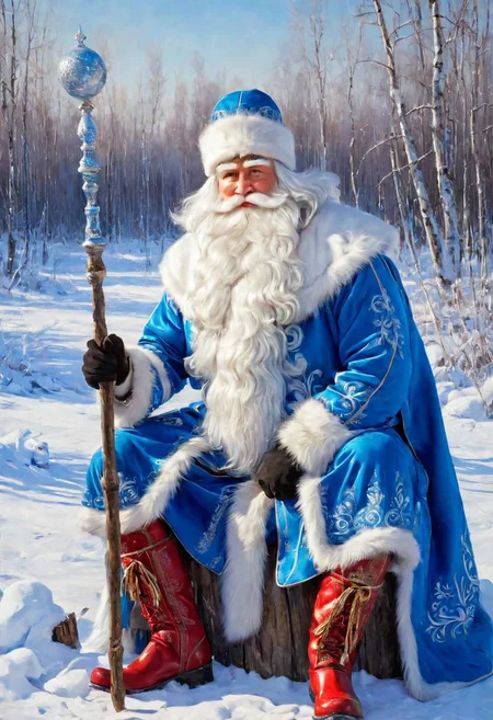 masterpiece, best quality, oil painting, blue, DedMoroz, 1boy, stern face of an old man, thick eyebrows, kind eyes, long beard, sitting on stump, large canvas bag with gifts at his feet, (red high boots:1.1), frozen, ice, magic staff, provincial Russian village in the background, snow, frost and sun, wonderful day, ultradetailed, <lora:DedMoroz:1>, <lora:add-detail-xl:0.8>