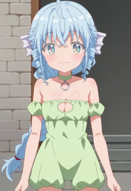 1girl, solo,fa, (rpg fudousan), fasleep, long hair, bare shoulders, blue hair, braid, drill hair, green white dress, clothing cutout, drill hair, cleavage cutout, head fins, looking at viewer, smile, score_9, score_8_up, score_7_up, score_6_up, score_5_up, score_4_up , anime coloring ,BREAK source_anime, anime <lora:Doom PonyXL Fa V5 10epoch:1>