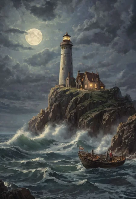 Under the pale light of the full moon, a lone lighthouse stands tall against the darkened sky, its beacon casting a guiding light over the restless sea below. In the distance, a battered galleon lies wrecked upon the rocky shores, its masts splintered and sails torn asunder. The waves crash against the jagged cliffs with an ominous roar, echoing the tumultuous history of the shipwrecked vessel. Despite the tranquil beauty of the moonlit night, there's an air of mystery and danger that hangs heavy in the salty sea air. The lighthouse stands as a silent sentinel, its light a beacon of hope amidst the darkness, yet serving as a haunting reminder of the perilous journey that awaits those who dare to brave the treacherous waters. In this haunting scene, the sea becomes a silent witness to the passage of time, its depths holding the secrets of countless shipwrecks lost to the depths below, moonlit night.romantic impressionism, dream scenery art, beautiful oil matte painting, romantic, style of thomas kinkade, beautiful digital painting, anime landscape, romantic painting, thomas kinkade style painting, dreamlike digital painting, colorful painting, beautiful gorgeous digital art, style thomas kinkade