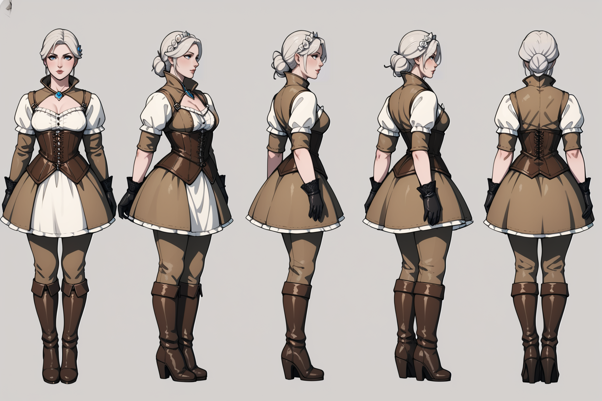 score_9, score_8_up, score_7_up, score_6_up, score_5_up, score_4_up,
(VIEWS:0),  full body character turnaround of 1girl, Multiple views of the same character in the same outfit,  simple background, white background,
(theme:0),  medieval, fantasy, Dungeon And Dragon,
(rank:0), female character,  detailed costume design, embroidered corset, lace detailing, leather gloves, brown leather boots, high collar, patterned blouse, fantasy attire, ornamental accessories, layered clothing, Victorian-era influence, ruffled cuffs and pants,
<lora:bg3TurnXL_v1_pony:0.1>
<lora:Witcher3turn_v1_Pony:0.6>
<lora:medieval2turn_v1_Pony:0.1>
<lora:CharTurnXL_v4_Pony:0.1>
<lora:bg3TurnXL_v1:0.1>
<lora:Witcher3TurnXL_v1:0.1>
<lora:Medieval2TurnXL_v1:0.1>
<lora:CharTurnXLRetag_v4:0.1>