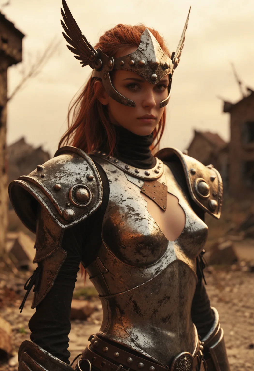 score_9, score_8_up, score_7_up, fantasy illustration, 1girl, solo, valkyrie, skinny, wing-helmet, closed visor, crop-armor, chestplate, faulds, greaves, gauntlets, proud pose, grimdark, gothic ruins, chequered ground, surreal, wasteland, ominous light, red-pink light, red-pink sky, eerie, menacing, dramatic atmosphere, highly detailed, masterpiece