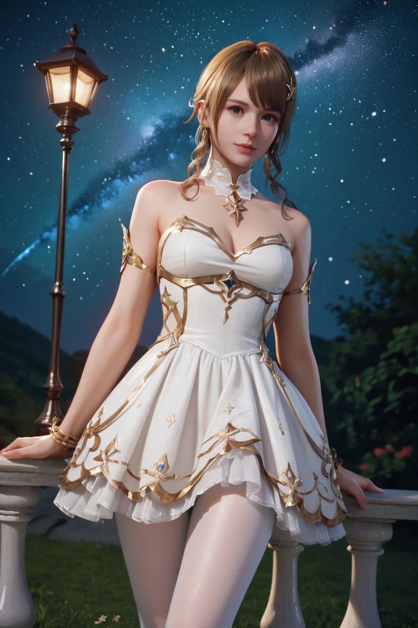 <lora:doa_monica:0.9> monica, art noveau, magical, fantasy, white dress, night sky, stars, gold trim, white pantyhose, score_9, score_8_up, score_7_up, zPDXL3