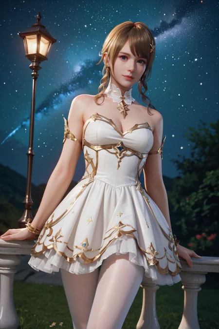 <lora:doa_monica:0.9> monica, art noveau, magical, fantasy, white dress, night sky, stars, gold trim, white pantyhose, score_9, score_8_up, score_7_up, zPDXL3