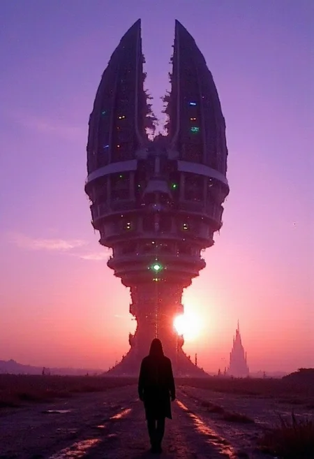 artilands02, v8s, A cinematic wide shot captures a solitary cloaked figure walking through a vast desert landscape at sunset. Colossal beehive towers extend into space, their surfaces flickering with matrix-like code cascades and cyberpunk glitch effects. Reality tears apart around them in shards of neon purple and acid green, creating digital artifacts and corruption zones. The atmospheric barrier where they pierce the sky fragments into crystalline digital shards. The desert ground beneath shows scanline distortions and polygon breaks, while quantum visual noise fills the air. The structures themselves phase between physical and digital states, their patterns decomposing into raw data.
