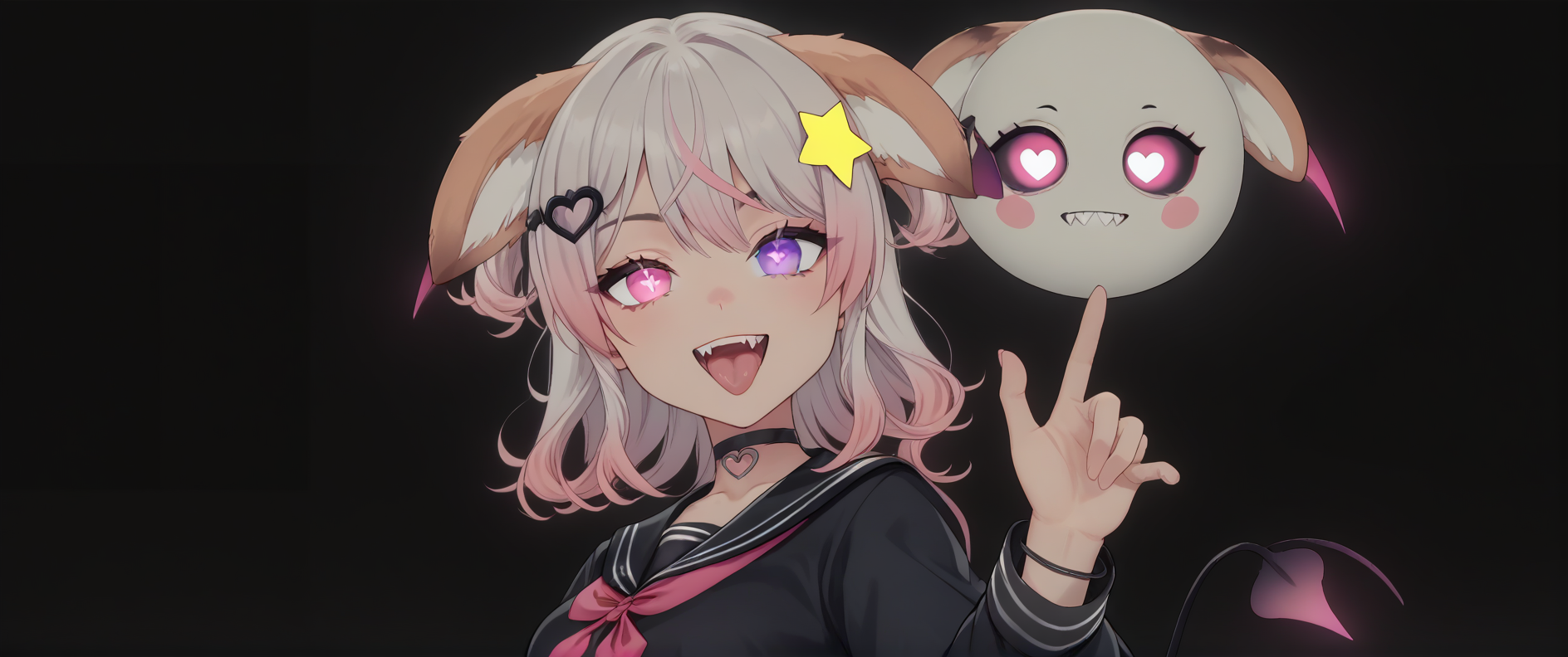 score_9, score_8_up, score_7_up, score_6_up, teen girl, Expressiveh, anime screencap, ((high_quality)), ((Super_Detailed)), 1girl, solo, annytf, tail, hairclip, star hair ornament, heart hair ornament, black choker, heart choker, Sailor, serafuku, red neckerchief, skirt, black thighhighs, grin, sideview:1.2, glowing eyes, looking at viewer, open mouth, tongue out, fangs, creepy, dark, simple background, black background, dark background, medium shot,  pink illumination, <lora:AnnyTF:1>, heterochromia, pink eyes, left eye pink, purple eyes, right eye purple <lora:Heterochromia_h4.v2:0.8>