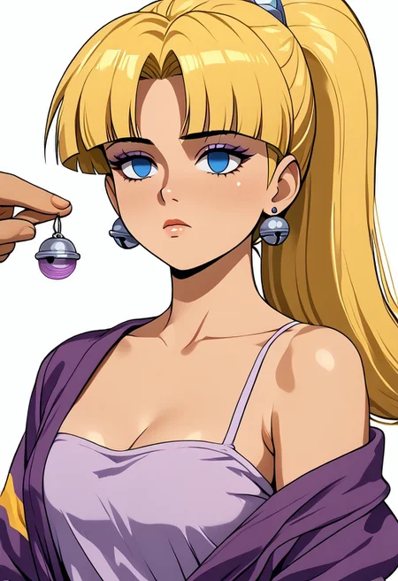 Pacifica hypnotized by bell to undress,
score_9, source anime, lewd, 1girl,
mind control, hypnotized, empty eyes, (hypnotic handbell), ringing handbell, disembodied hand, expressionless, blank stare,
undressing,
pacifica, blonde hair, makeup, ponytail, blue eyes,