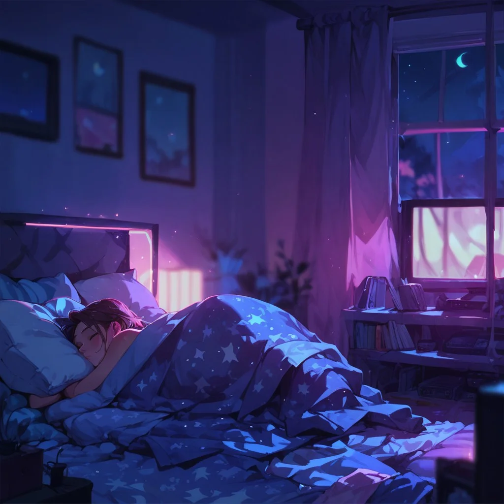 score_9, score_8_up, score_7_up, (((night time, pink lighting)), (blanket, pillow, tv, fan), (dark bedroom, window), (depth of field)