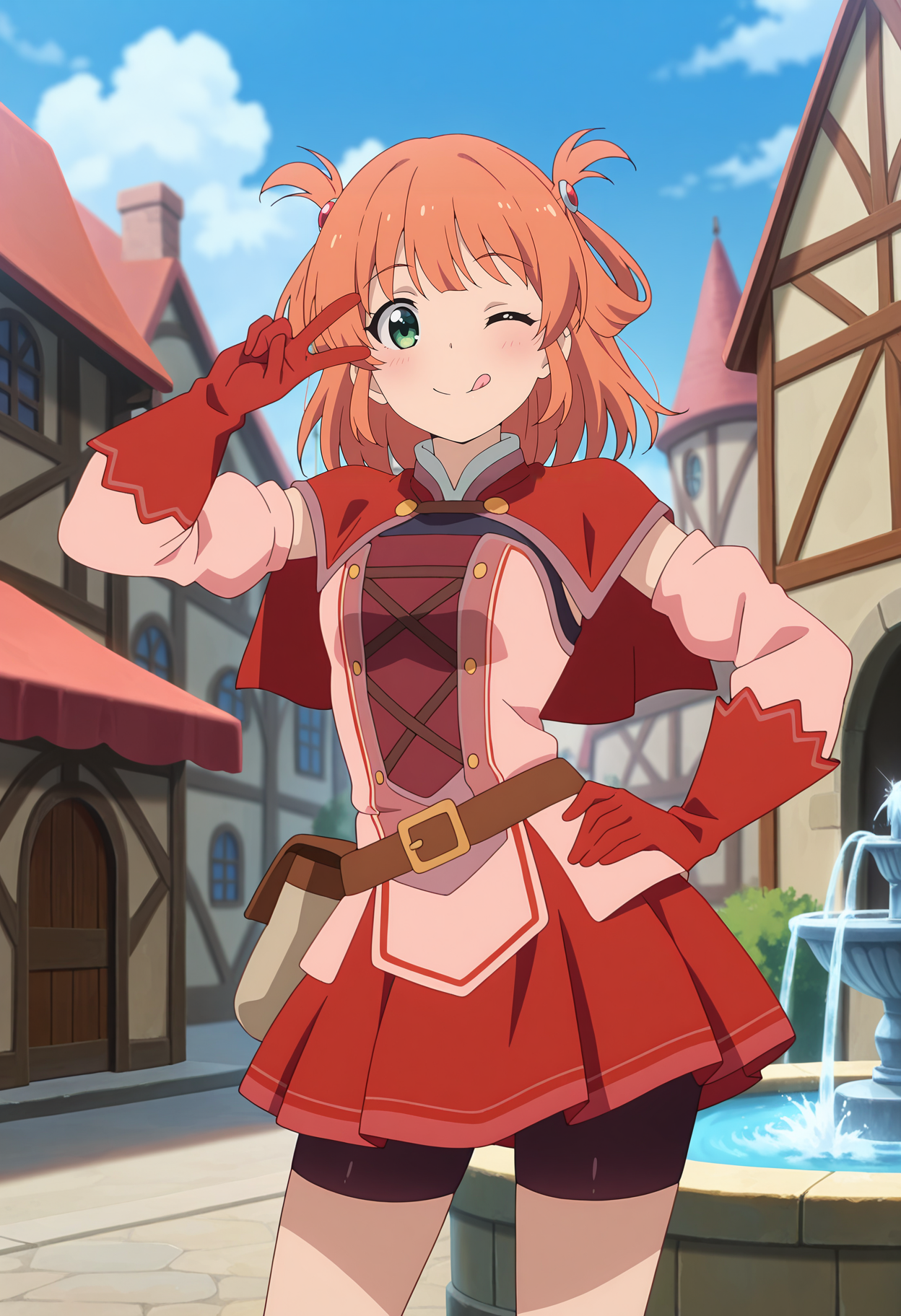 anime screencap, masterpiece, best quality,
<lora:PrincessConnect_Rino_IlluXL:0.9>,
1girl, solo, closed mouth, smile, blush, one eye closed, tongue out, v,
hair rings, medium hair, orange hair, green eyes,
red capelet, cross-laced clothes, multicolored dress, detached sleeves, red gloves,
brown belt, pleated skirt, red skirt, bike shorts under skirt,
contrapposto, hand on own hip, looking at viewer, cowboy shot,
town, medieval, building, fountain, blurry background, day, blue sky