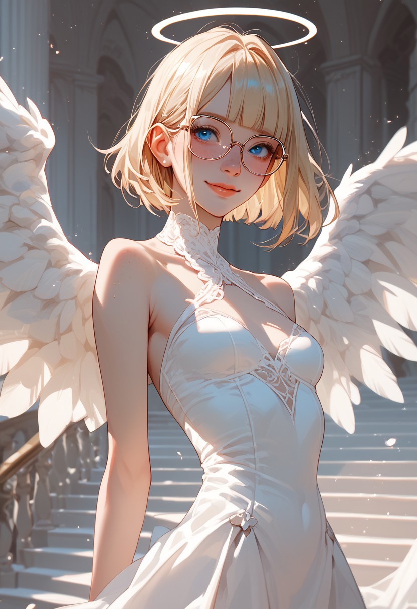 score_9, score_8_up, score_7_up, score_6_up, score_5_up, score_4_up, 1girl, (score_9, score_8_up:1.1), score_7_up, short blonde hair, , blunt bangs, blue eyes, big squared eyeglasses, small breasts, slim, , pale skin, freckles,  standing , angel , shy smile, closed lips, heaven, stair
