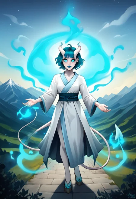 Solo, full body, female, Tiefling, pointed ears, short white horns, light blue tipped horns, colored sclera, smiling, cute face, freckles, ghostly white skin, short teal hair, blue lipstick, blue eye makeup, teal eyes, long demon tail, triangle tip tail, tail, sorcerer, light blue sorcerer robe, Aura, light blue energy, glowing, swirling energy, dynamic pose, scenery, mountain, white tail, black pupils