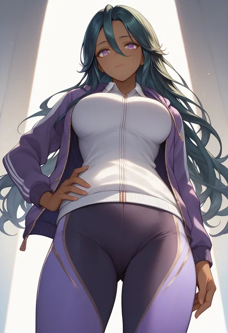 score_9, score_8_up, score_7_up, <lora:laudiakr-ponyxl-beta3-08:1>, laudiakr, dark-skinned female, 1girl, solo, upper body, crotch focus, purple leggings, thighs, purple jacket, open jacket, sweater hoodie, collared shirt, hair between eyes, long hair, hand on hip, dutch angle, track jacket, large breasts, looking at viewer, looking down, closed mouth,
