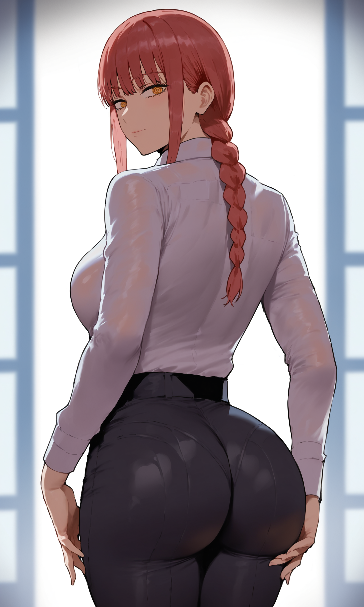 1girl, shexystyle, makima_(chainsaw_man), ass, formal, pants, shirt, looking_at_viewer, ass_focus