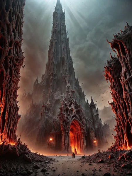 RAW photo, (masterpiece:1.3), subsurface scattering, heavy shadow, (high quality:1.4), (intricate, high detail:1.2), professional photography, HDR, High Dynamic Range, realistic, ultra realistic, photorealistic, high resolution, film photography, ambient lighting, atmospheric effects, <lora:detail_slider_v4:2>, OverallDetail, <lora:Evil:1>, evilrealm, ab evil tower in a barren landscape, epiCPhoto