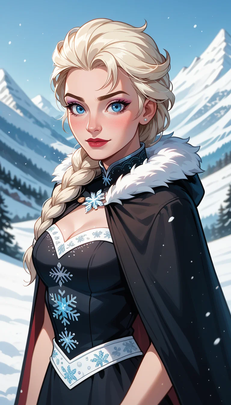 score_9, score_8_up, score_7_up, (Western Comics), (Elsa of Arendelle), cute, seductive, innocent, dark cape, dark dress, fur trim, single braid, snowflake pattern, (light smile:0.3), (snowy mountain background), (Portrait photo), (depth of field), (dynamic angle), (ultra detailed, high quality texture), (sharp), (artistic image)