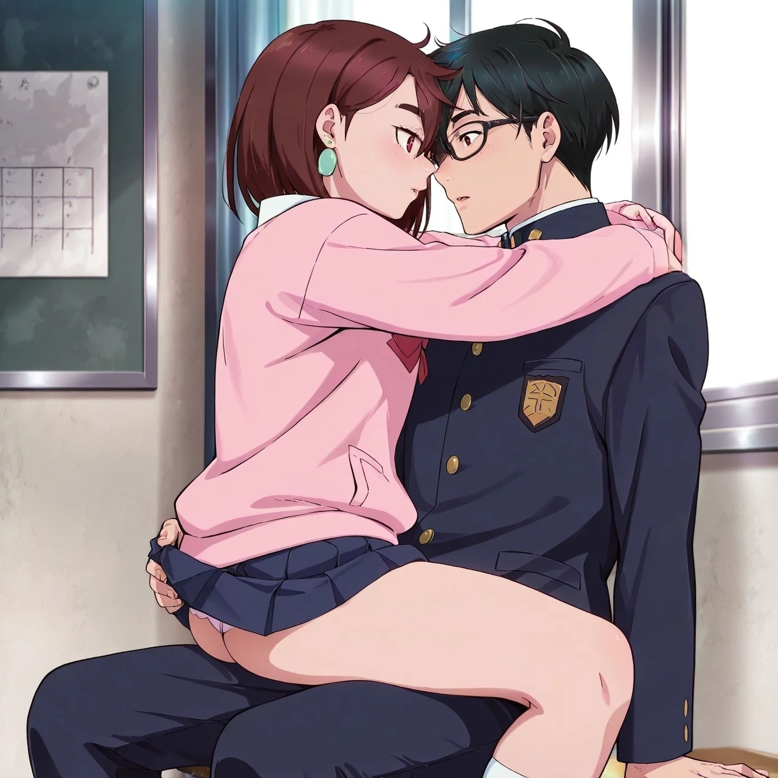 masterpiece, best quality, newest, absurdres, highres, detailed eyes, beautiful, detailed background, perfect eyes, anime coloring, anime screencap,
<lora:Momo Ayase - Dandadan:0.8> ayase_momo, brown hair, hair between eyes, short hair, red eyes, (black choker female, earrings female), jewelry, thick eyebrows,pleated_skirt, bowtie, school_uniform, pink_cardigan, imminent kiss,
<lora:Lap_Sitting_Position:1>dakijizou ,
1girl,1boy,hetero,hug,
Lap Sitting Position,
skirt lift,
takakura ken \(dandadan\),
(glasses male:1.2),
(male with earrings:-1),
(male with black choker:-1.5),
black hair male,short hair male,
(female with glasses:-1),