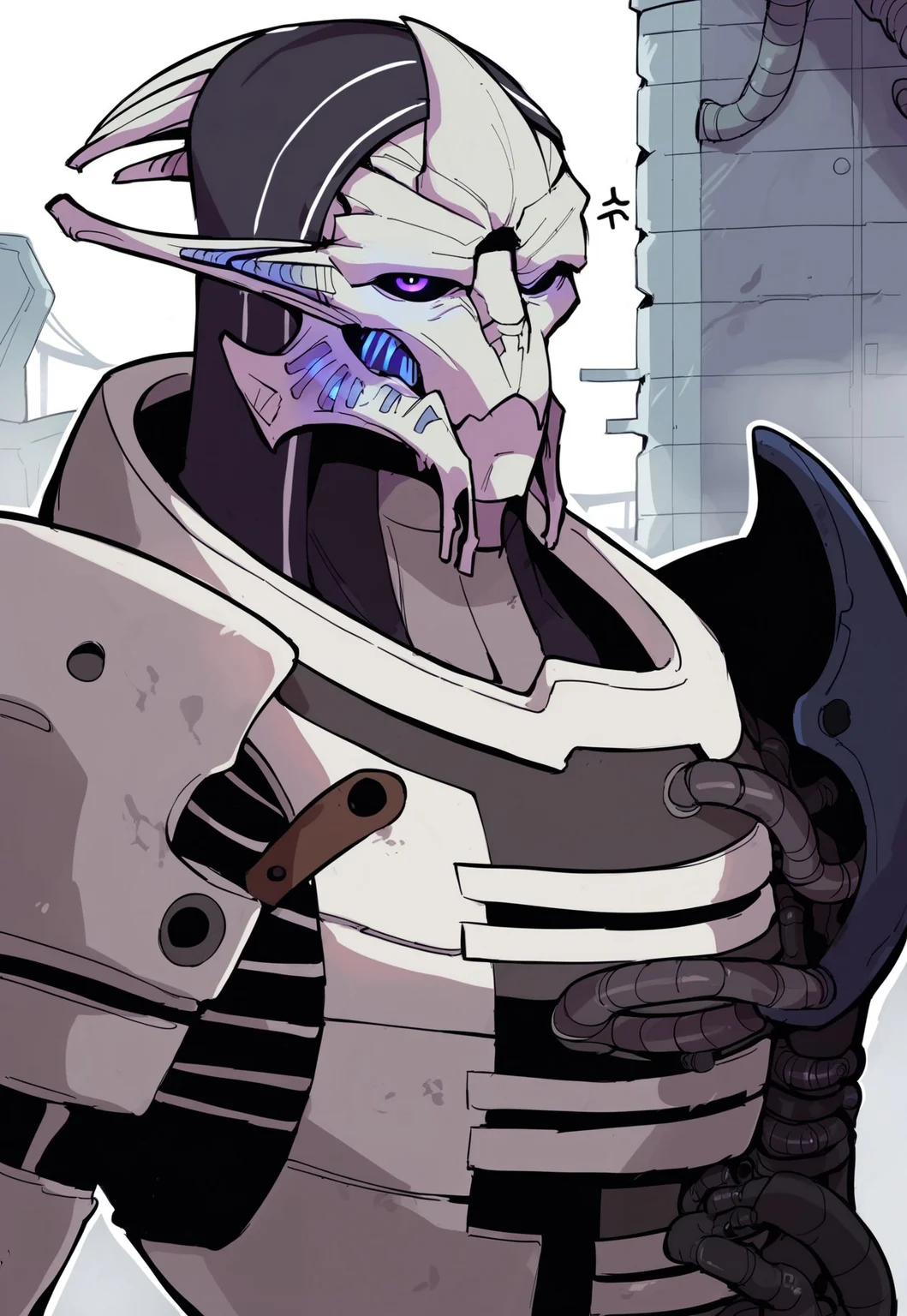 score_9, score_8_up, score_7_up, BREAK, sarenarterius, 1boy, male, alien, solo, armor, hood, cybernetic arm, cybernetic eyes, cybernetic face, cables, cybernetics, purple eyes, upper body, looking at viewer, annoyed, unamused, closed mouth, factory, detailed background