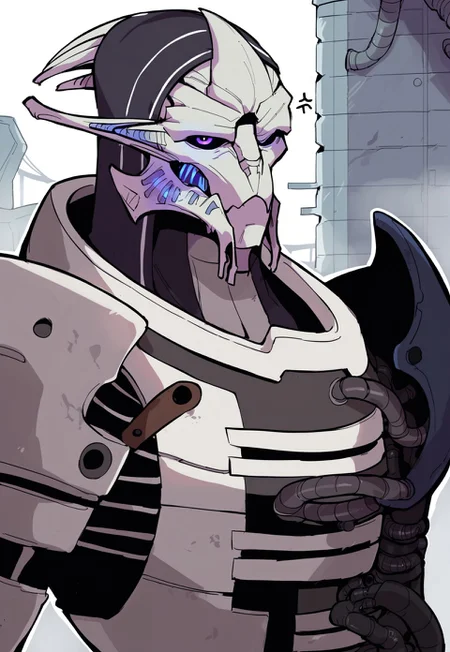 score_9, score_8_up, score_7_up, BREAK, sarenarterius, 1boy, male, alien, solo, armor, hood, cybernetic arm, cybernetic eyes, cybernetic face, cables, cybernetics, purple eyes, upper body, looking at viewer, annoyed, unamused, closed mouth, factory, detailed background