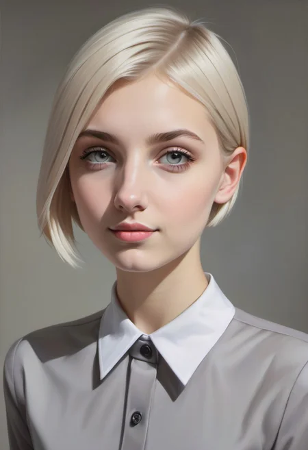 (((classical oil painting))), short cute German girl, very-short straight ash-blonde side-swept emo-cut hair with severe undercut, (((snub-nose))), (((dimples))), ((wide hips)), (pale skin), dark eyes, (((shy smile))), (((huge breasts))), short grey mini-skirt, Intricate textures, (high detailed skin:1.7),