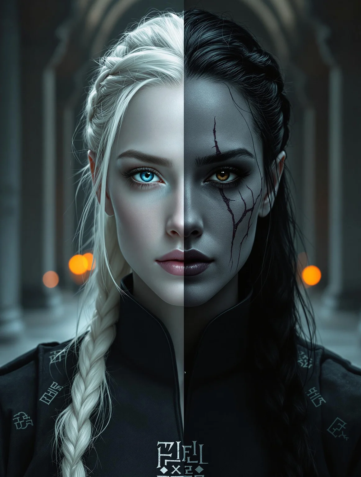 nbn-hel, A symmetrical close-up portrait of Hel standing still inside a vast, dim stone hall. The left side of her face is luminous and flawless — pale skin with soft texture, her white hair falling in a single braid adorned with silver thread. The right side darkens gradually, her black hair slightly damp, her skin a cold grey marked with fine, scar-like lines. The transition is soft and smooth, as if light and shadow naturally reshape her. She wears a high-collared robe, embroidered with runes fading from silver to ash. The background is blurred pillars and distant torchlight.