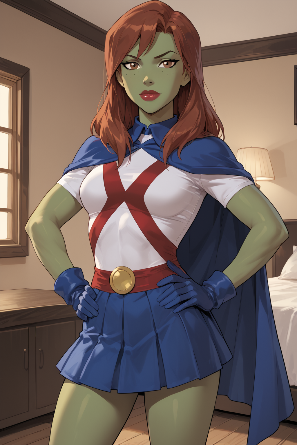 PonyXLV6_Scores BREAK (perfect anatomy, perfect eyes), <lora:add_details_xl:0.8> BREAK <lora:Miss_MartianV2:0.8> mgann morzz, long hair, red hair, colored skin, green skin, freckles, brown eyes, makeup, lipstick, flirting, raised eyebrow, ((looking at viewer)), superhero, short sleeves, cape, gloves, blue skirt, curvy, toned, athletic, standing, hands on hip, indoors