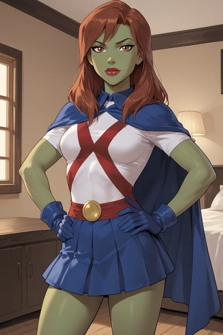 PonyXLV6_Scores BREAK (perfect anatomy, perfect eyes), <lora:add_details_xl:0.8> BREAK <lora:Miss_MartianV2:0.8> mgann morzz, long hair, red hair, colored skin, green skin, freckles, brown eyes, makeup, lipstick, flirting, raised eyebrow, ((looking at viewer)), superhero, short sleeves, cape, gloves, blue skirt, curvy, toned, athletic, standing, hands on hip, indoors